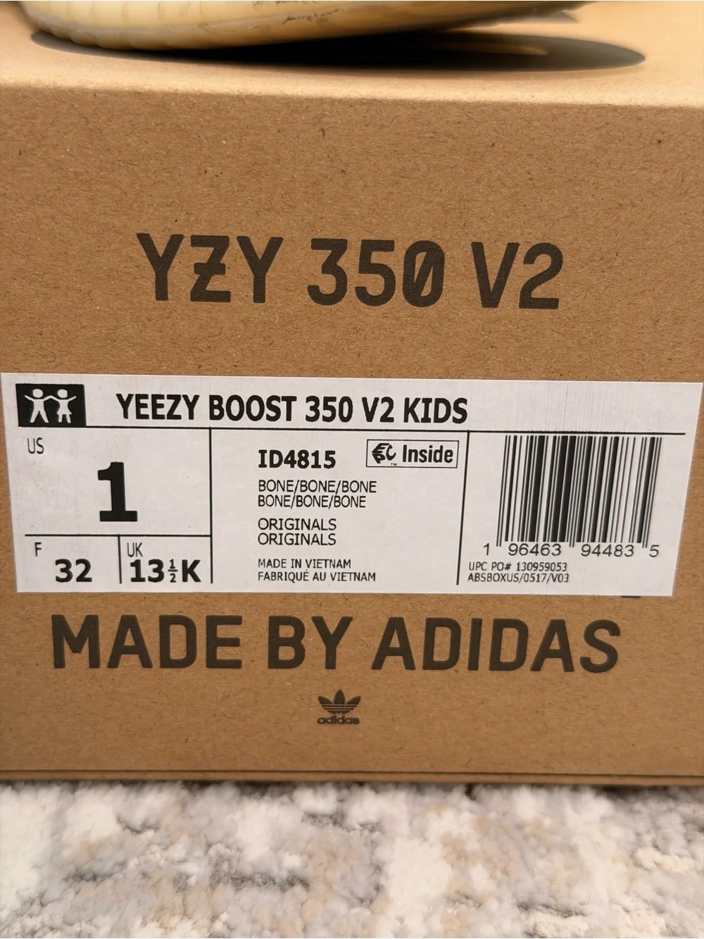 Pre-owned Yeezy Boost 350 V2 Bone Kids Size 1K